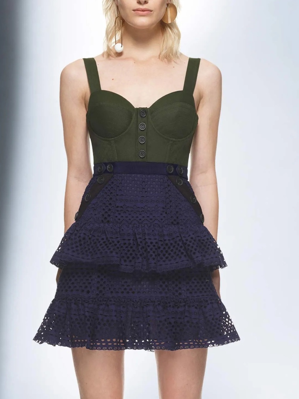 Self-Portrait Green Navy Bustier Mini Dress Tiered Guipure Lace Sz 8